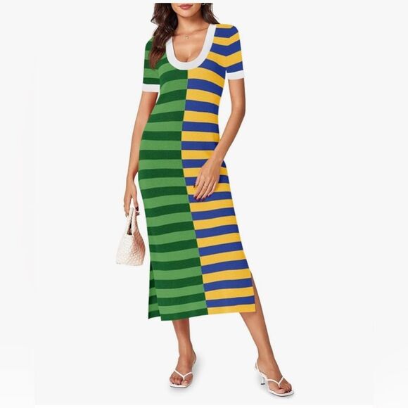 Wenrine Womens Short Sleeve Striped Dress Summer Knitted Scoop Neck Color Block - Picture 1 of 6